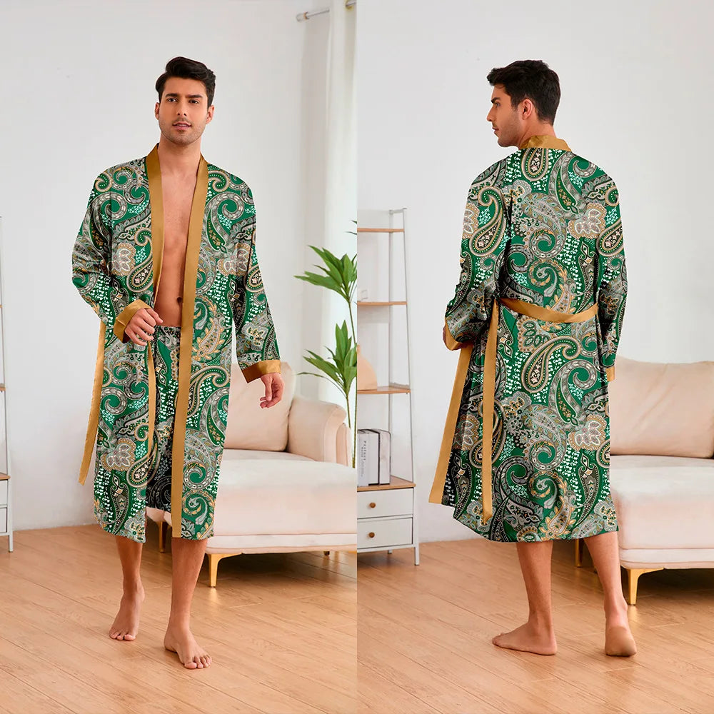 Men 2 Pieces Sleepwear Leopard Bathrobe Set  Homme Long Mens Sleepwear Loungewear Home Dressing Gown