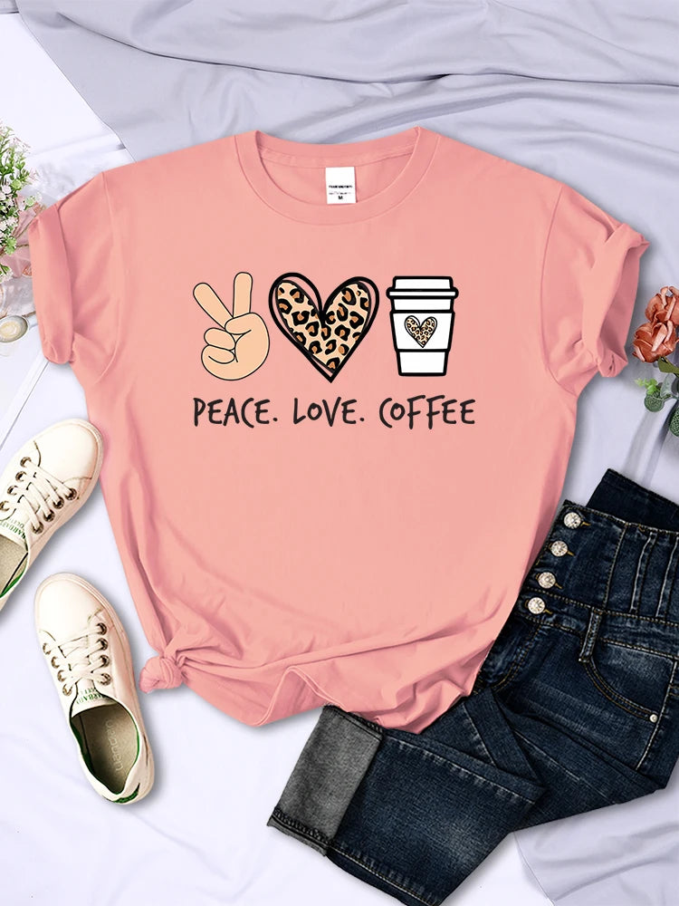 Women's Peace Love Coffee Printed Quality T-Shirts Brand Breathable O-Neck Tshirt For Women