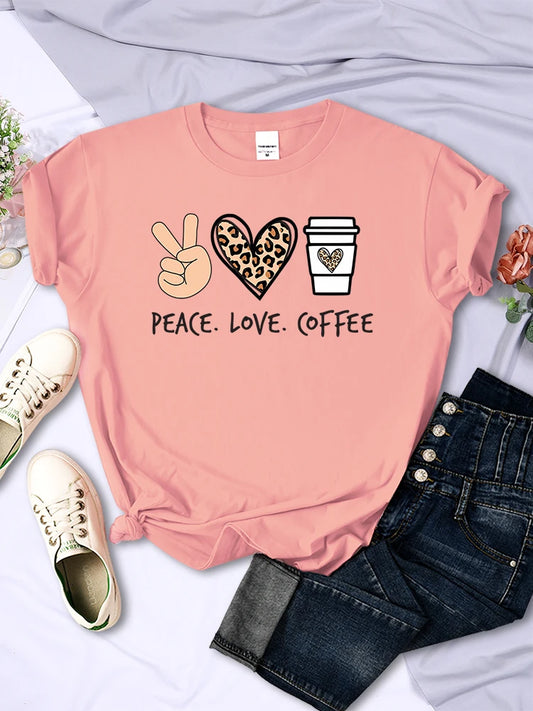 Women's Peace Love Coffee Printed Quality T-Shirts Brand Breathable O-Neck Tshirt For Women