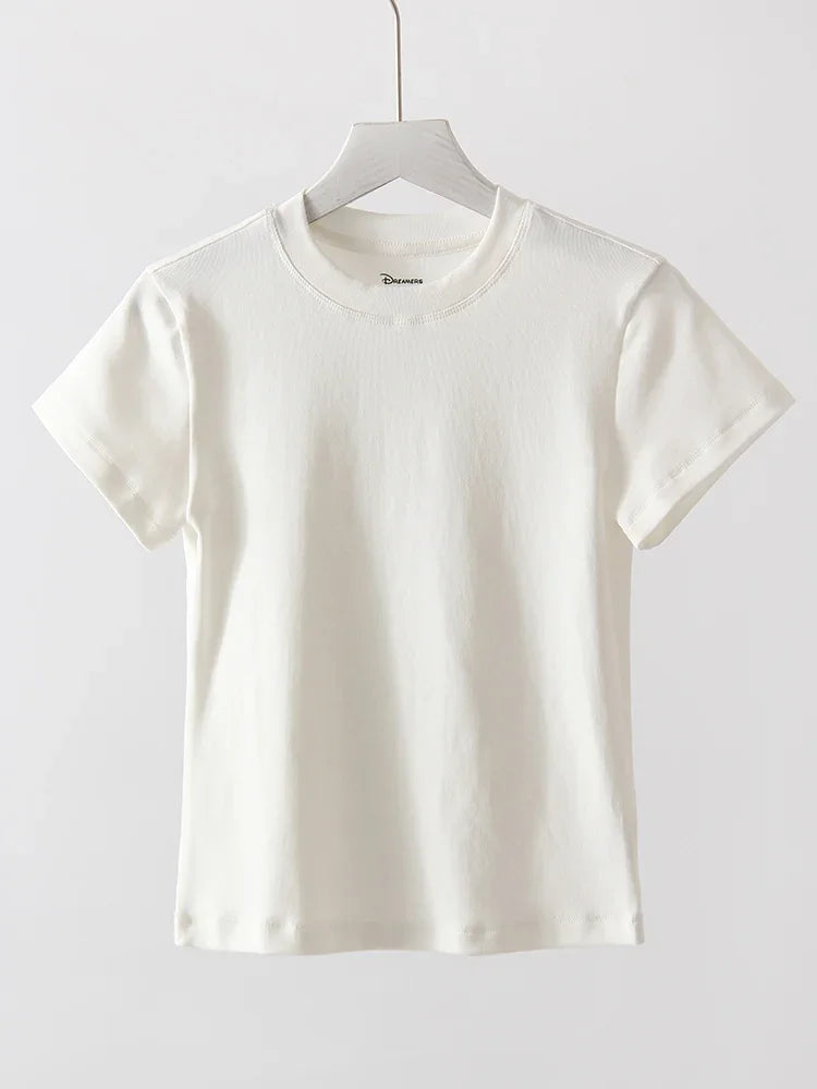 Exquisite Short T Shirts For Women Summer O Neck Slim Cotton Top Tees Streetwear Short Sleeve White Elastic Women's T-shirt Black