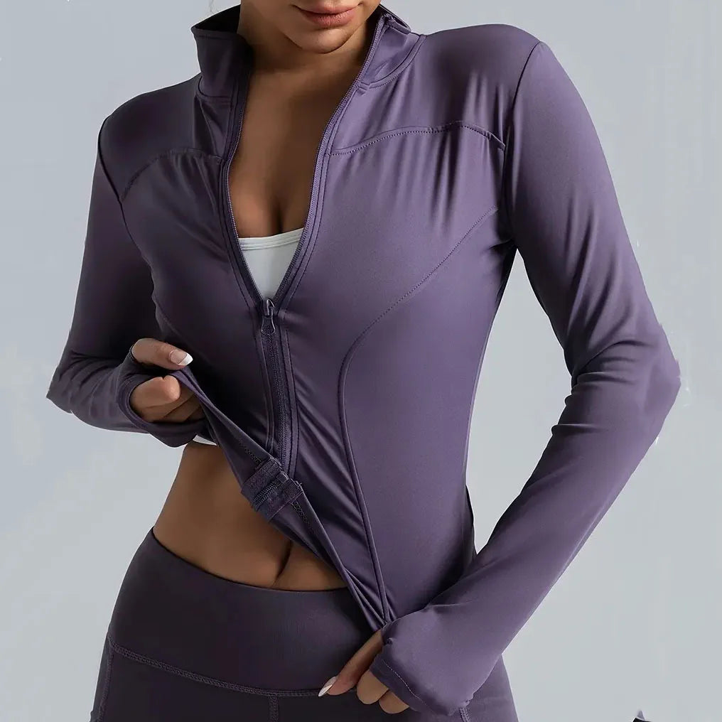 Lady Fitness Elastic Breathable Nude Fabric Long-sleeved Fitted Gym Jacket Quick Dry Sun Protection