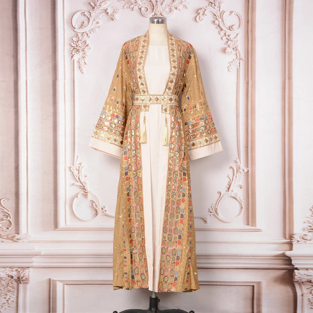 2025 Dubai Luxury Sequin Embroidered Dress  Women Open Abayas Maxi Dress Robe Set
