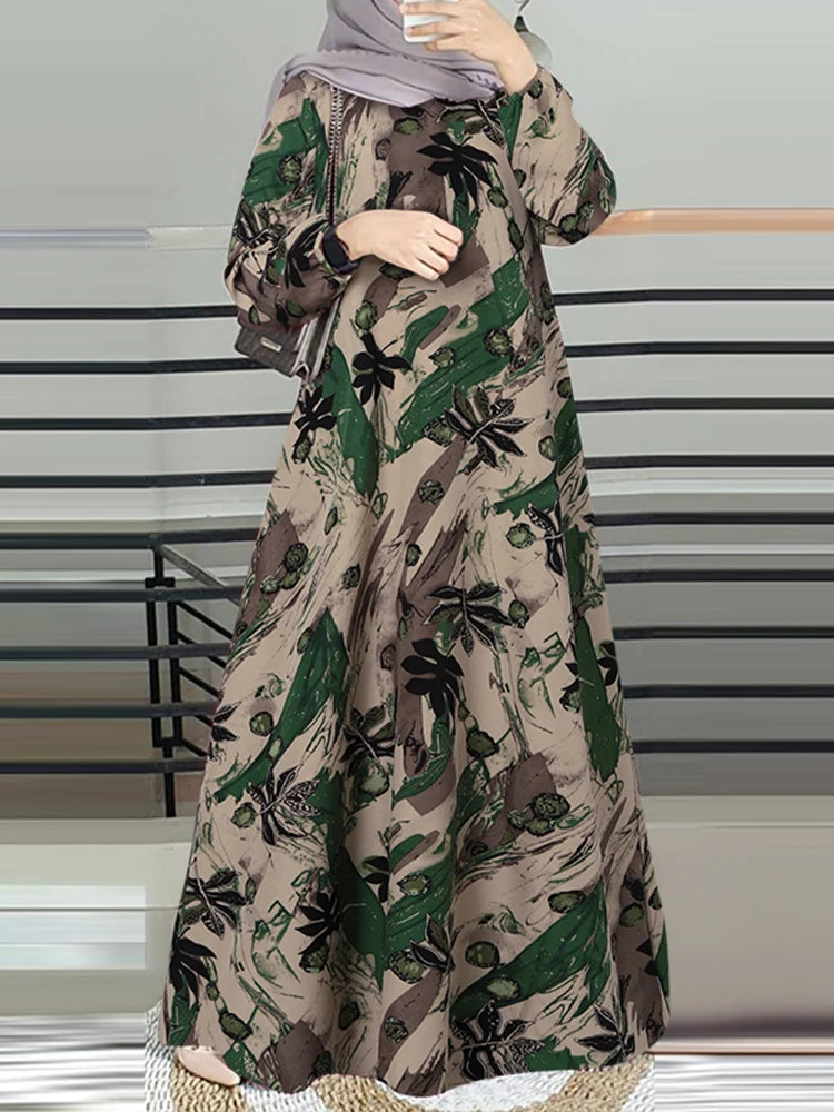 2025 ZANZEA Vintage Elegant Women Long Sleeve Muslim Dubai Dress Clothing Floral Printed Turkey Abaya Hijab Sundress