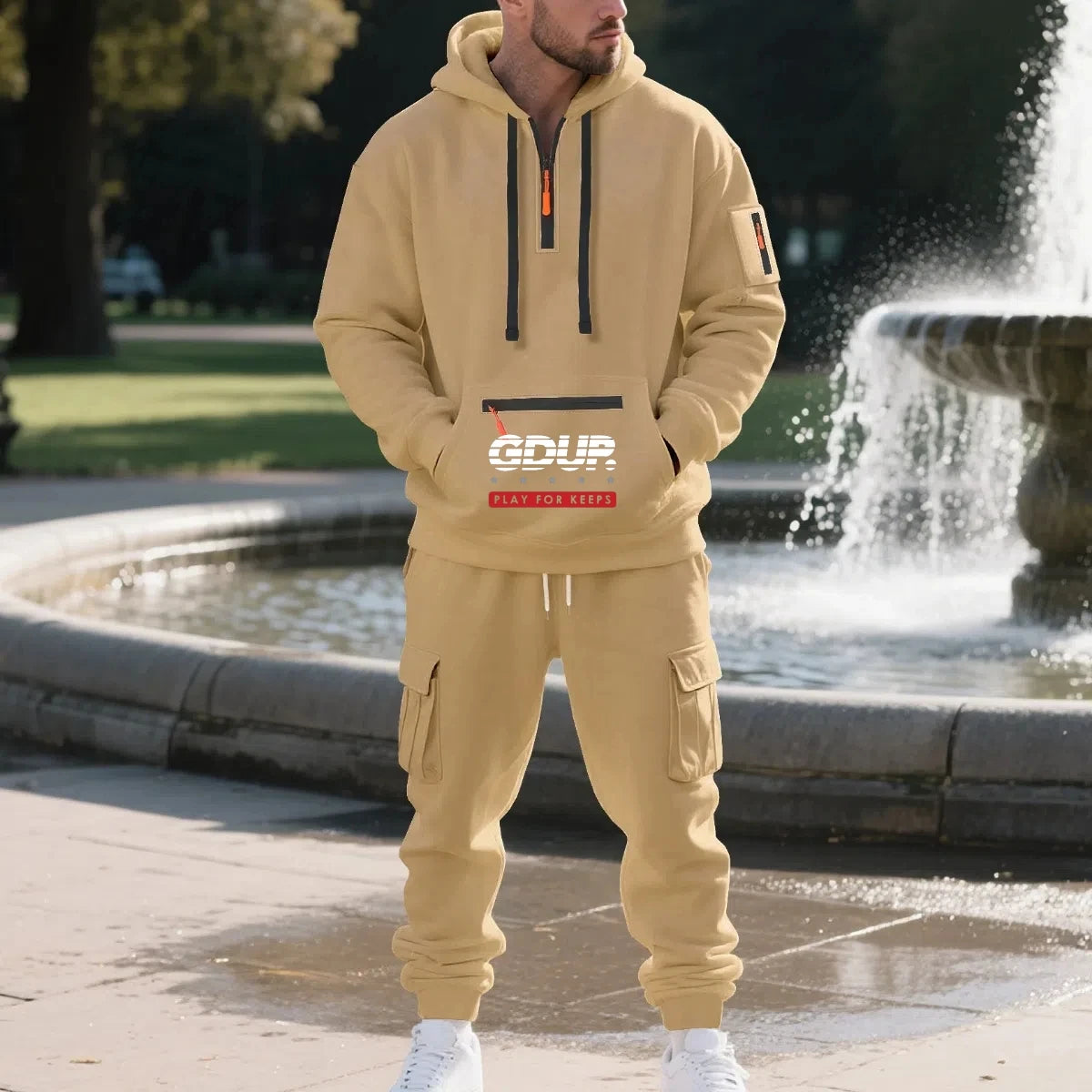 Men's Fleece Hooded Half-Zip Sweatshirt And Loose Sport Pants Set Casual Autumn/Winter Multi-Pocket Fashion Track Suit