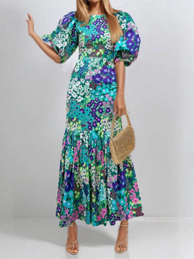 Fashion Print Dress For Women Casual O-Neck Puff Sleeve High Waist Dresses Robe Femme Elegant Party Womens Clothing Summer New