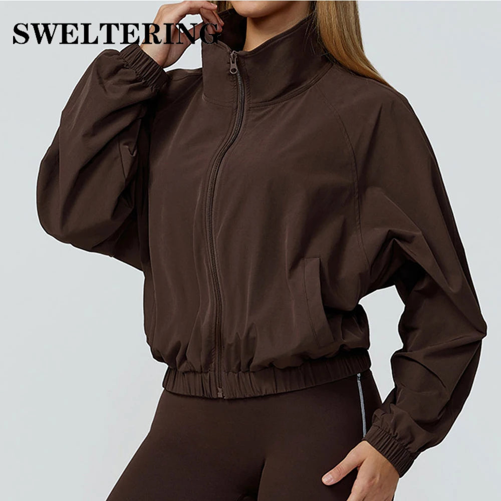 Women Zipper and Pockets Long Sleeve Gym Fitness Jacket Female Running Workout Sports