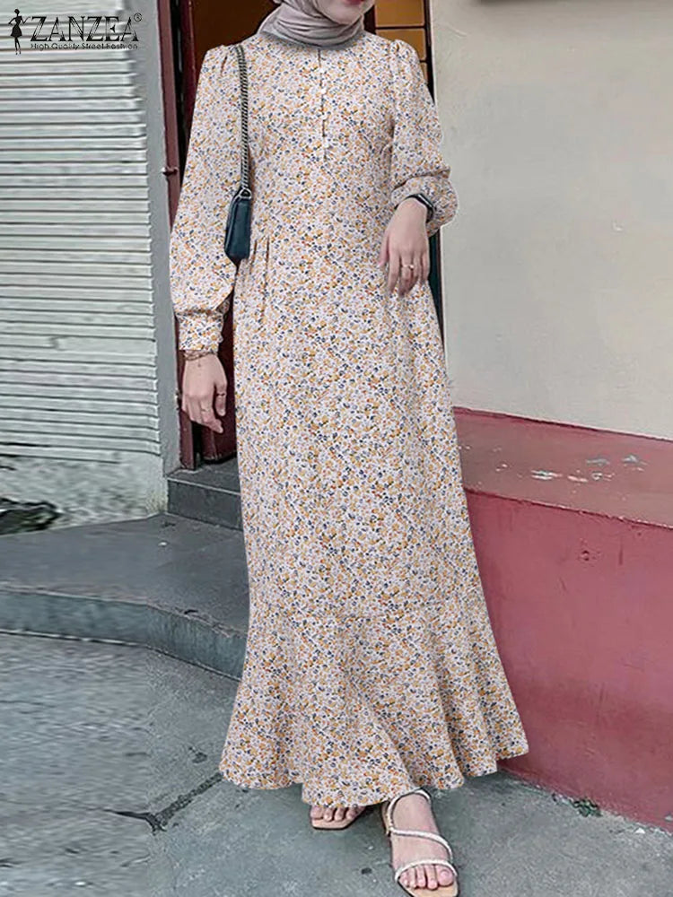 Women Bohemian Floral Printed  Dress Autumn Sundress ZANZEA Fashion Long Sleeve Casual Abaya