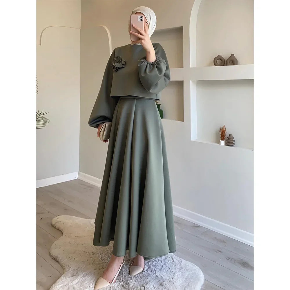 Eid Dubai Fashion Set 2 Piece Women Lantern Sleeve Top Shirt & Skirts Suits Appliques Sets
