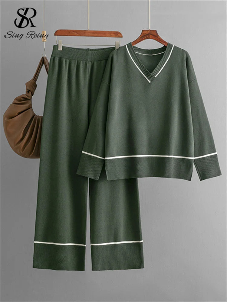 SINGREINY Homewear Knitting Sets Women V-Neck Split Basic Loose Tops+High Waist Wide Legs Pants Casual Autumn Winter 2PC Suits