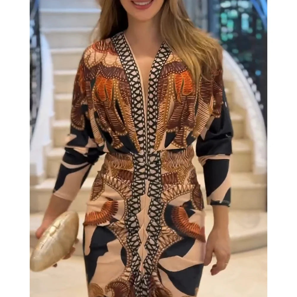 Women Fashion Vintage Baroque Print Long Sleeve Bodycon Dress Casual Plunge V Neck Ruched Slim Fit Midi Dress Party Elegant Wear