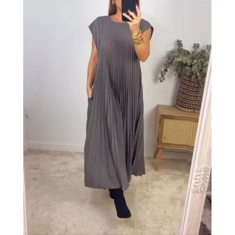 Elegant Loose Summer Party Dresses Fashion Women Short Sleeve Casual A-line Pleated Long Dress O Neck Solid Robe Simple Clothes