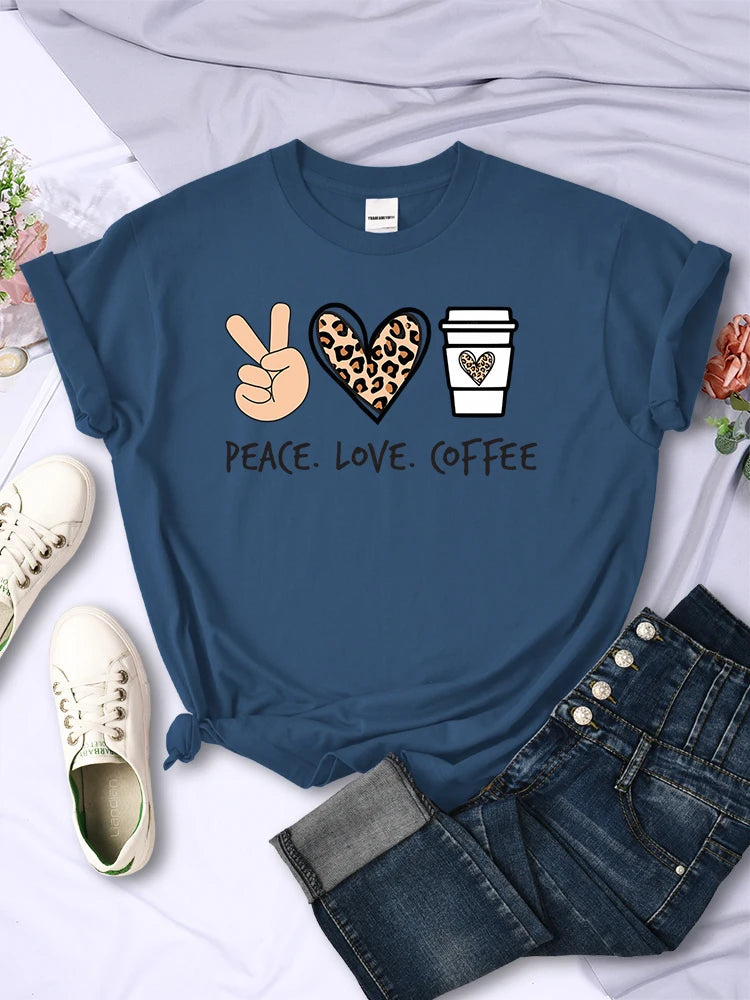 Women's Peace Love Coffee Printed Quality T-Shirts Brand Breathable O-Neck Tshirt For Women