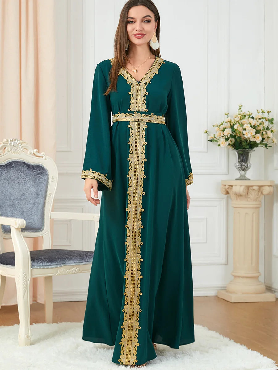 Women's Abaya Clothing Pure Color Splicing Basic Loose Embroidered Long Skirt Long Sleeve Dress