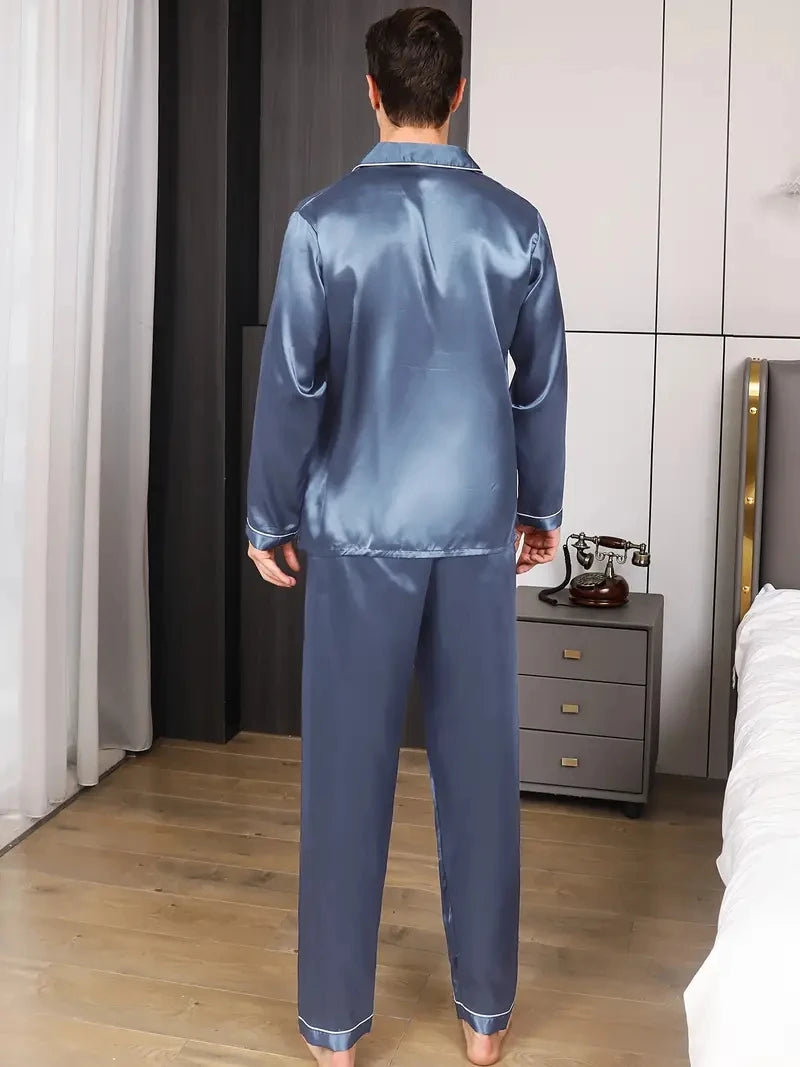 Men Pajama Sets Microfiber Sleepwear For Sleeping Man Shirt Silk Long Sleeve Pyjama  Night Wear Longwear