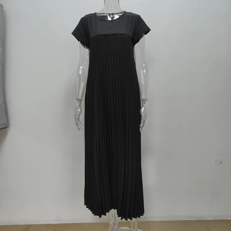 Elegant Loose Summer Party Dresses Fashion Women Short Sleeve Casual A-line Pleated Long Dress O Neck Solid Robe Simple Clothes