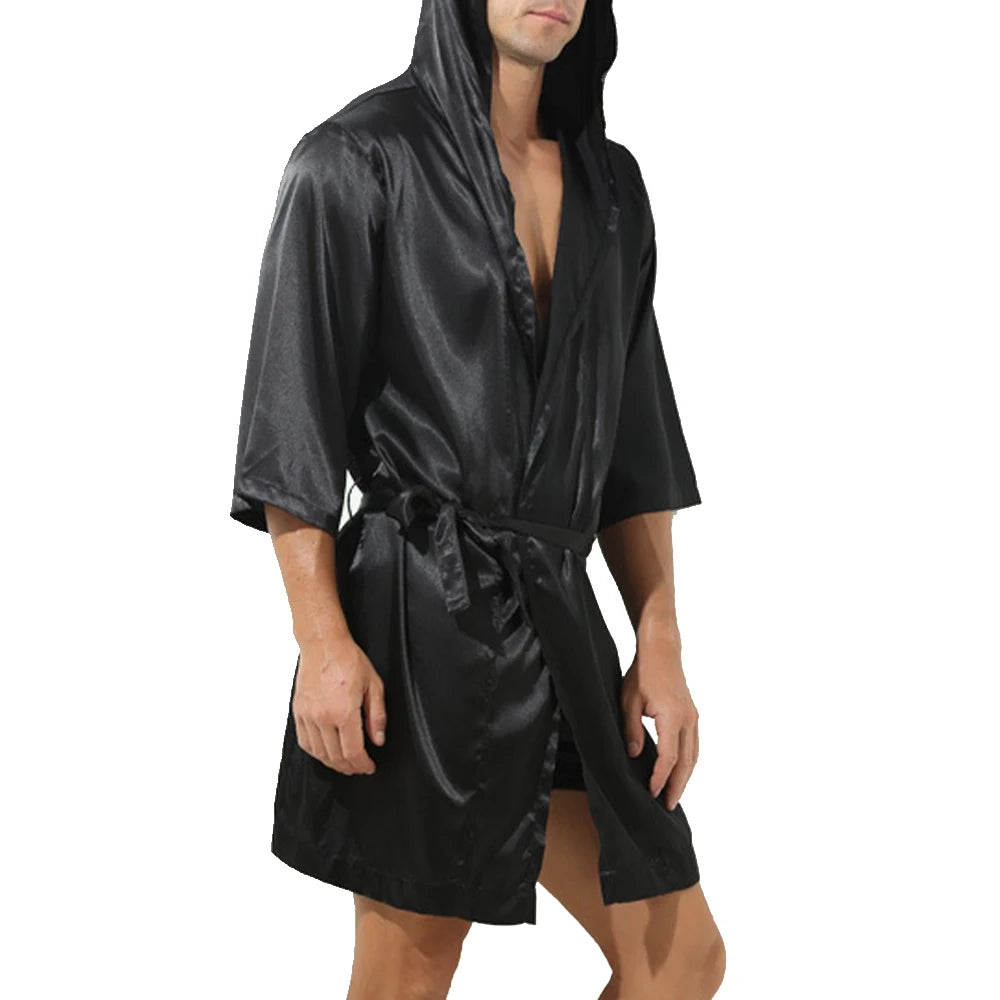 Men Bathrobe Pajamas Nightgown Hooded Loose Satin Silk Sleepwear Cardigan Gown Bath Robe Nightwear Sleep Bottoms 