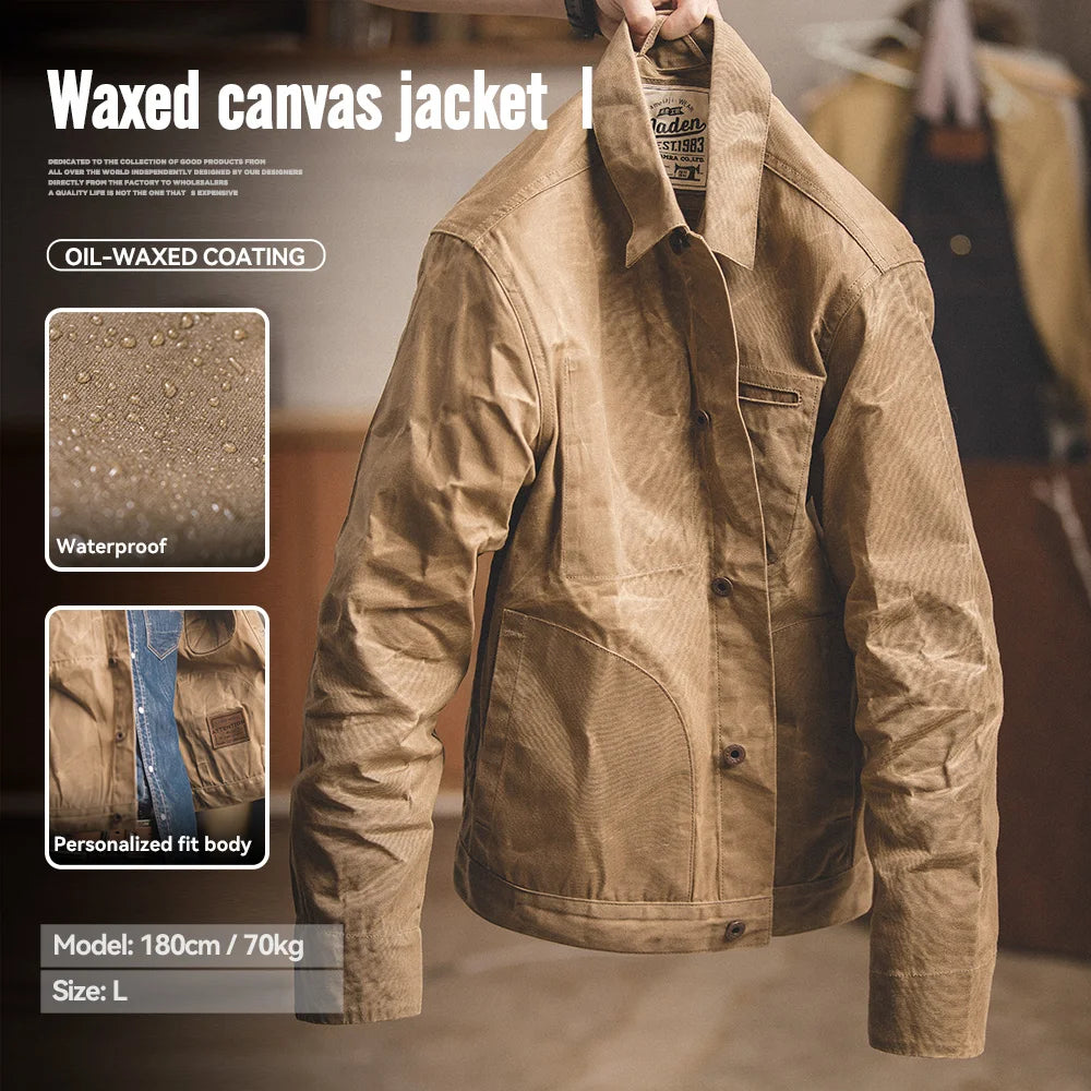 Maden Vintage Men's Canvas Oil Wax Jackets Khaki Multi-pocket Lapel Collar Single-breasted Jacket Windbreaker for Male Outwear