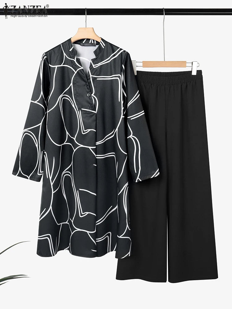 2025 ZANZEA Autumn Printed Tracksuits Women Outfits 2 Piece Sets Long Sleeve Blouse Wide Leg Pant Suit Long Shirt Loose Trousers