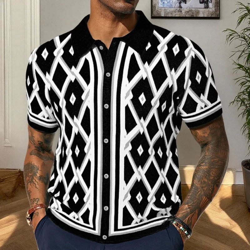 Knitted Shirt Print T Shirts Short Sleeve Single Breasted Cardigan Men Turn Down Collar Casual Shirts Loose Casual 2025