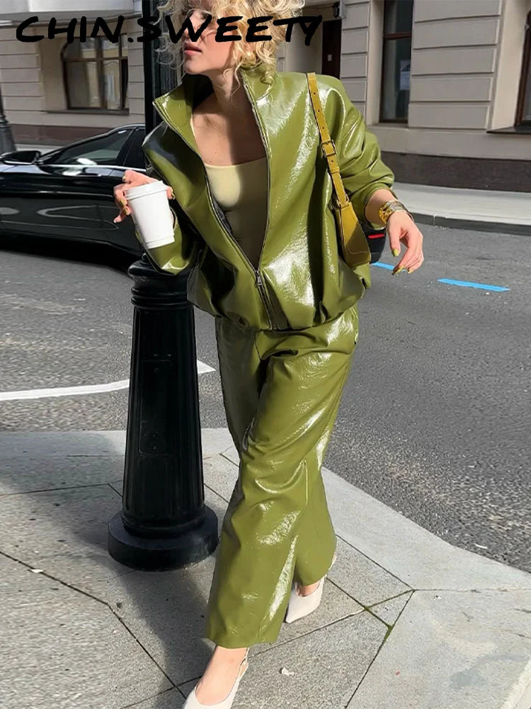 ladies Stylish Leather Solid Jacket Pants Set Women Stand Collar Zipper Coat Loose Trousers Sets Female 2025 Autumn Fashion Streetwears