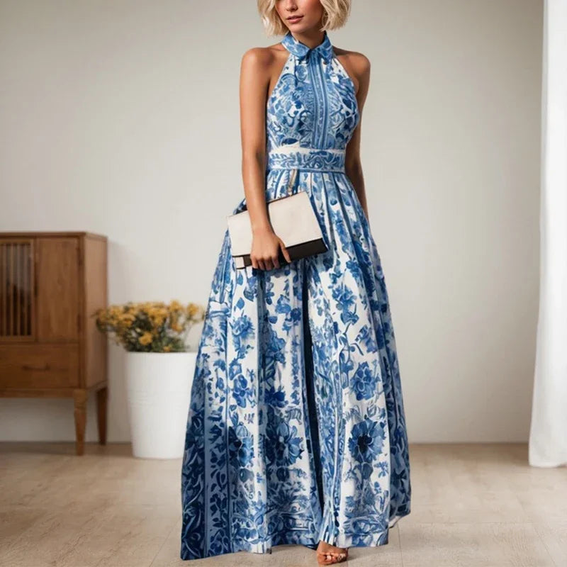 Elegant Party Evening Long Dresses New Vintage Classic Blue Geometric Pattern Flower Printed Lapel A-Line Dresses For Women