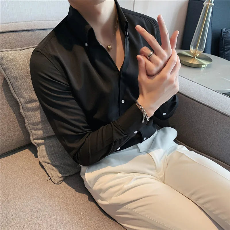Men's Italian Collar Shirt, Wrinkle-free, Casual Slim-fit