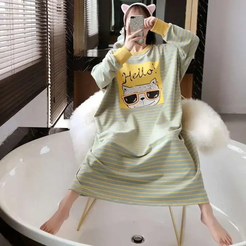 2025 Women Sleepwear Spring Summer Plus Size Night Dress for Lady Cute Long Sleeve Loose Embroidery Cartoon Sleepshirts Pajamas