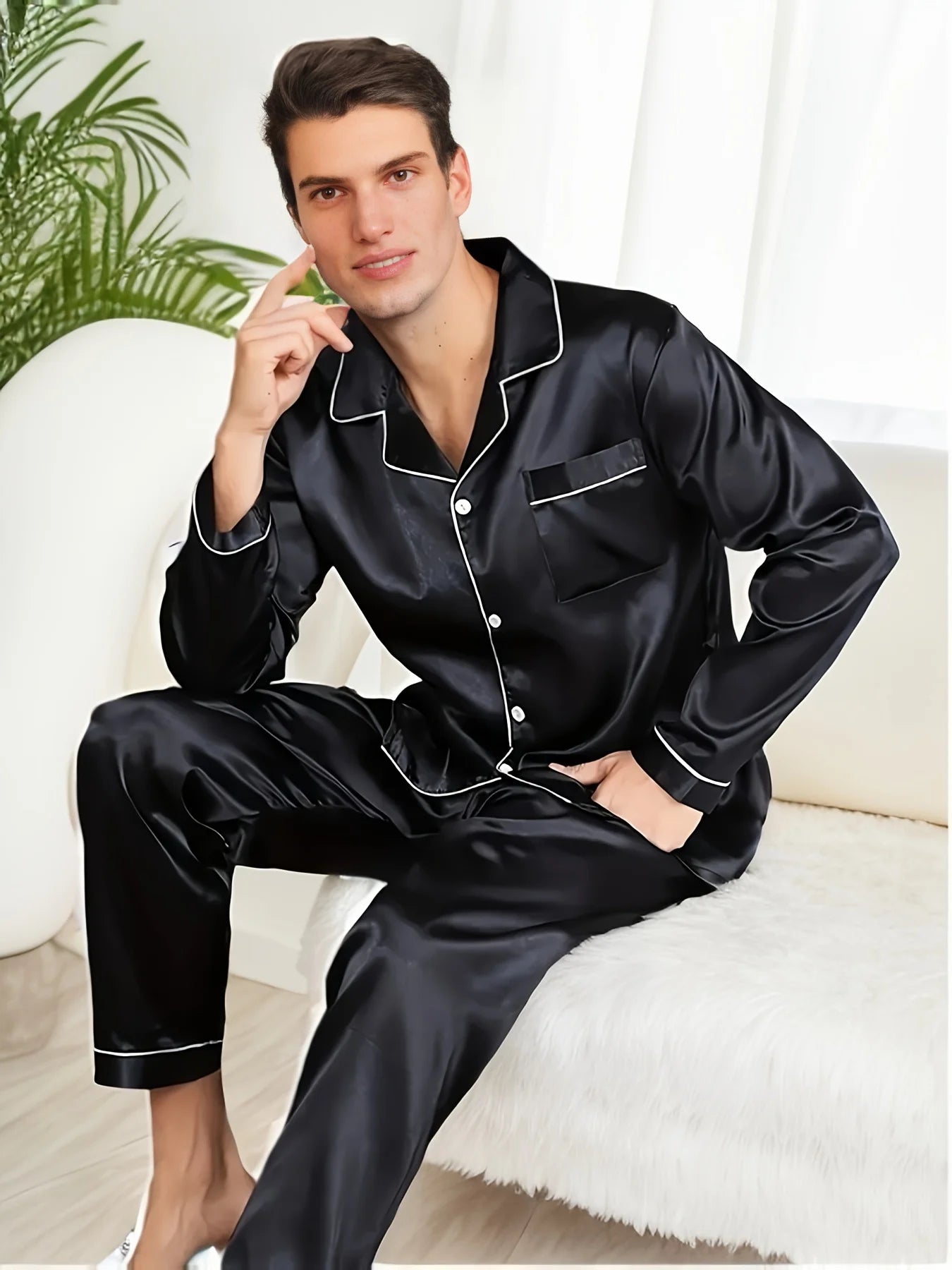 Men Pajama Sets Microfiber Sleepwear For Sleeping Man Shirt Silk Long Sleeve Pyjama  Night Wear Longwear