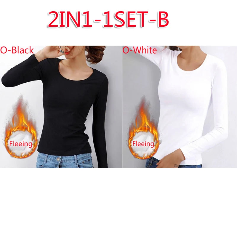 Winter Bottoming Shirt Women Thermal Underwear Solid Color German Velvet Long-Sleeved Basic T-Shirt Heating Fiber Thermal Top