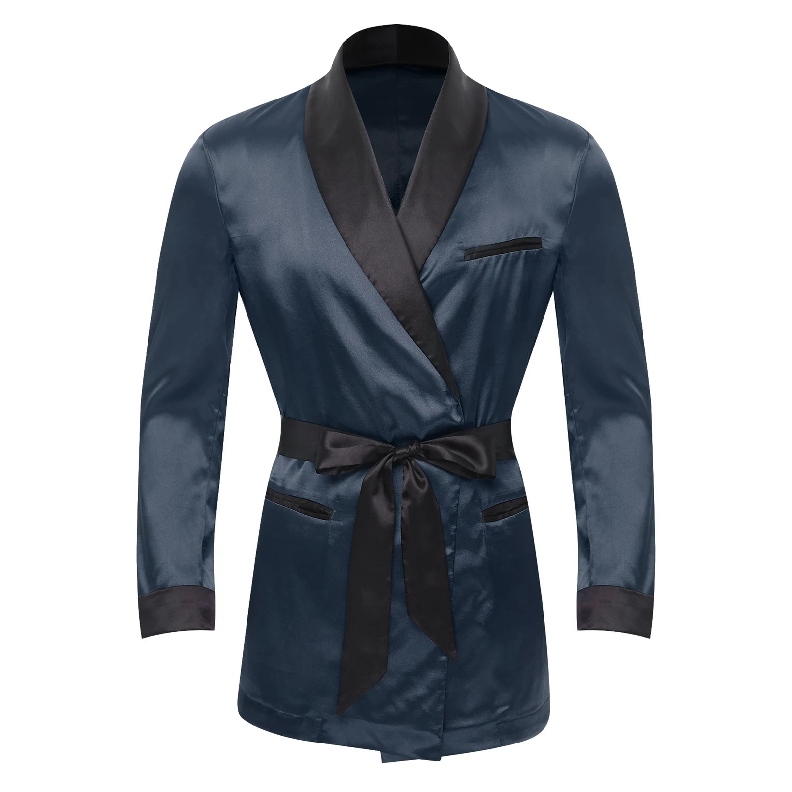 Mens Sleepwear Jacket Robe with Belt Pajamas Top Lapel Long Sleeve Side Pockets Bathrobe Nightwear/ Loungewear