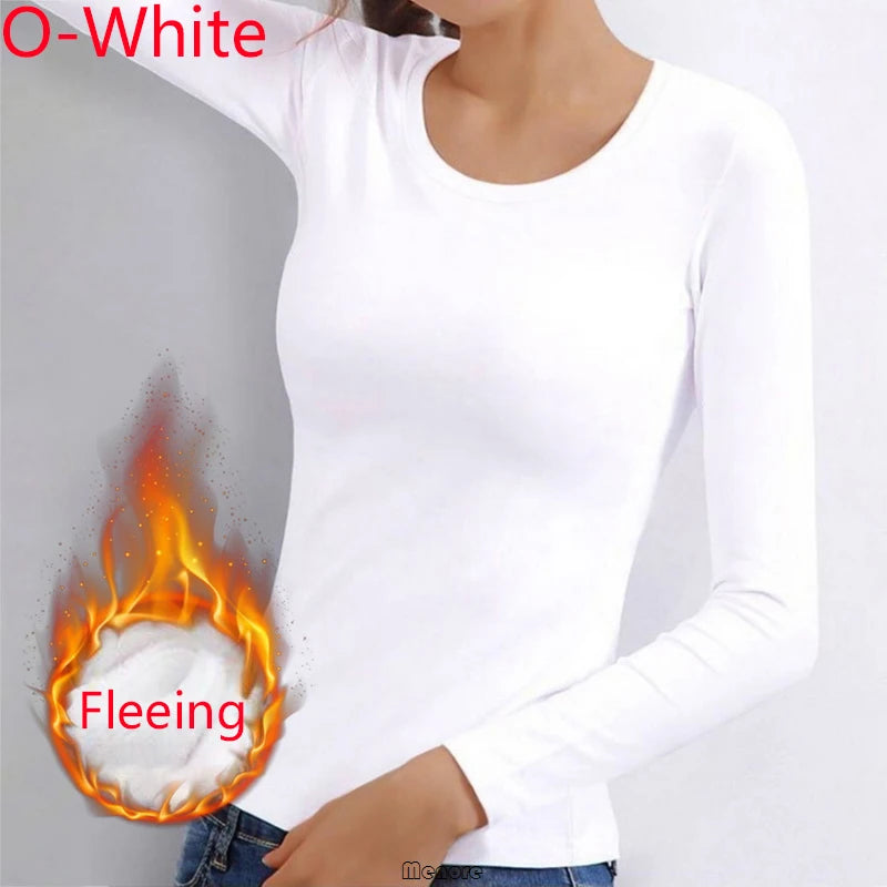 Winter Bottoming Shirt Women Thermal Underwear Solid Color German Velvet Long-Sleeved Basic T-Shirt Heating Fiber Thermal Top