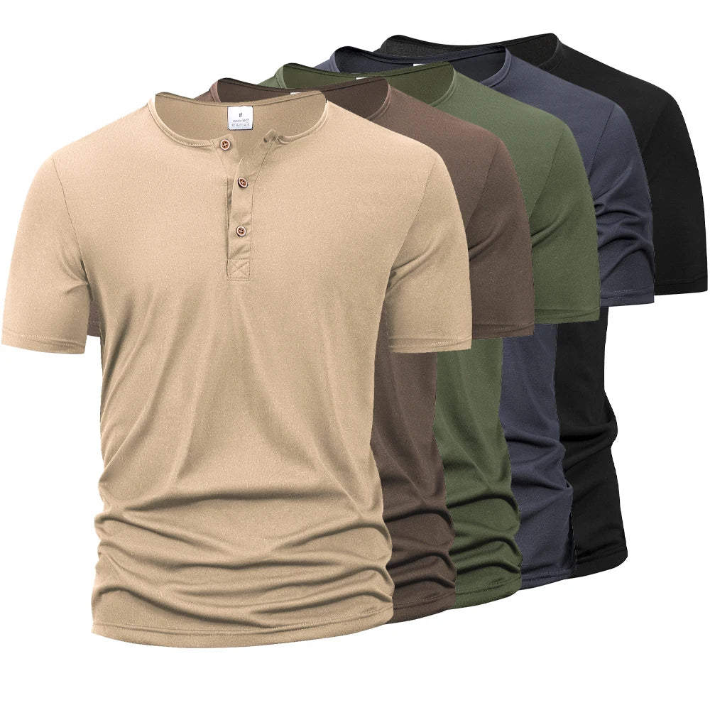 Men Henley Collar T-shirts Button Slim Casual Male Solid Color Short Sleeve Men Sports T-shirt Polo