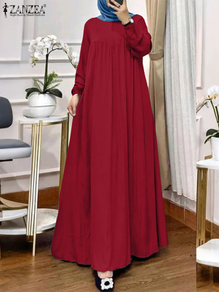 ZANZEA Womens Maxi Dresses Casual Loose Long Sleeve Hijab O-Neck  Abaya Robes