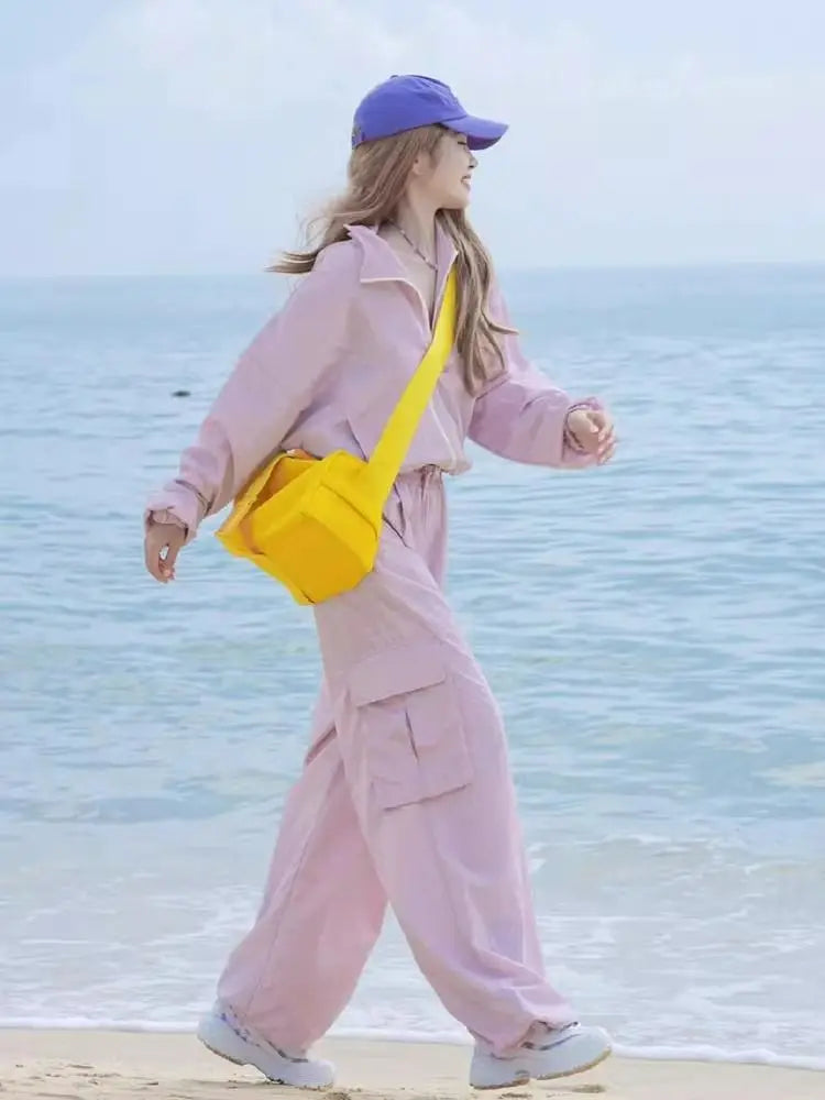 2025 New Women's Pink Tracksuit Set - Fashionable High-End Casual Sportswear with Matching Jacket & Pants for Everyday Elegance