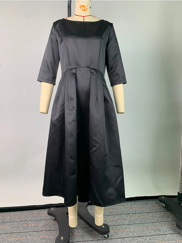Women's Elegant Banquet Evening Midi Dresses 2025 New Spring Half Sleeves Pleated Solid Color Party A-Line Dress