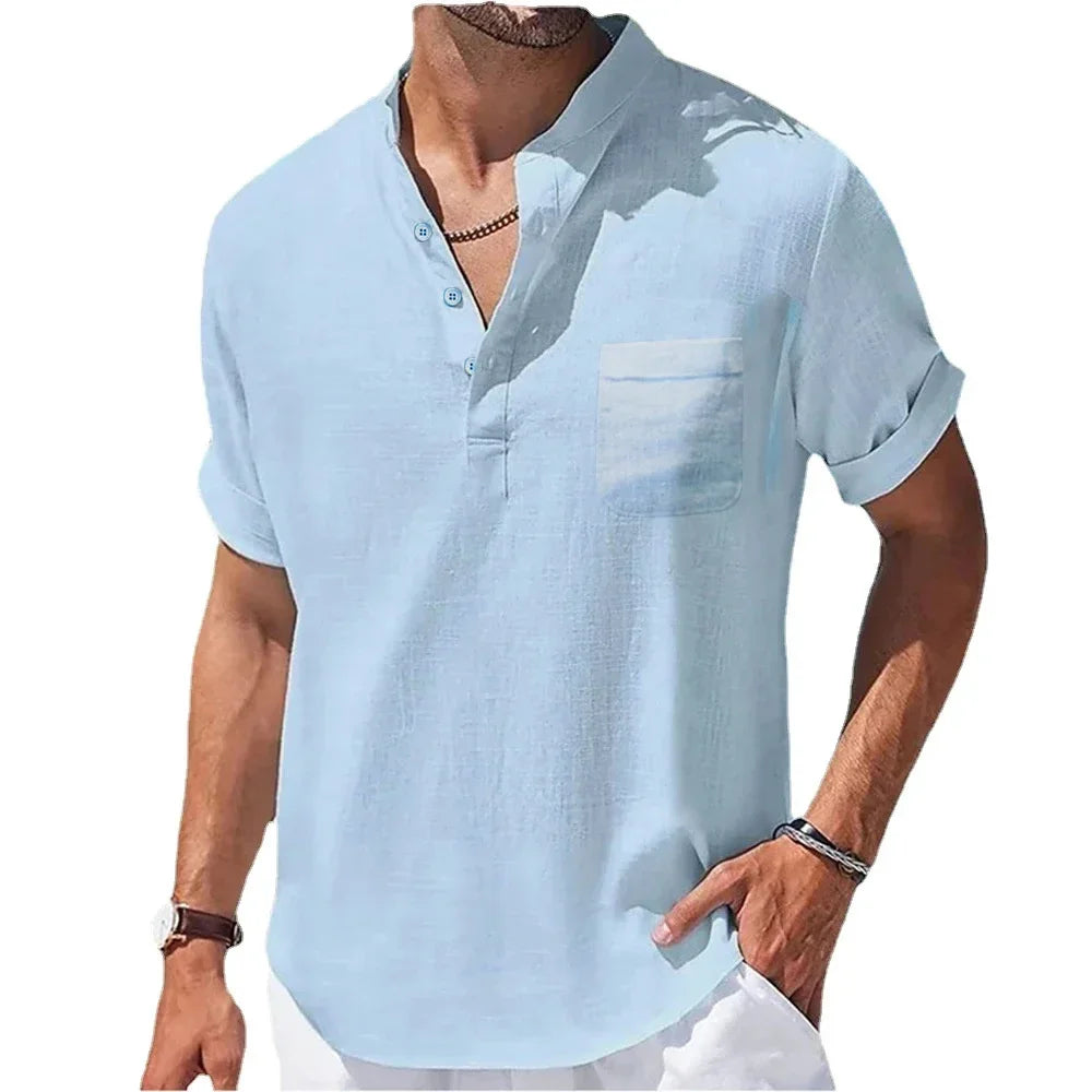 New Men's Casual Henley Collar Shirts Summer Solid Color Short Sleeve Cotton Linen Shirt Breathable Loose Beach T-Shirts