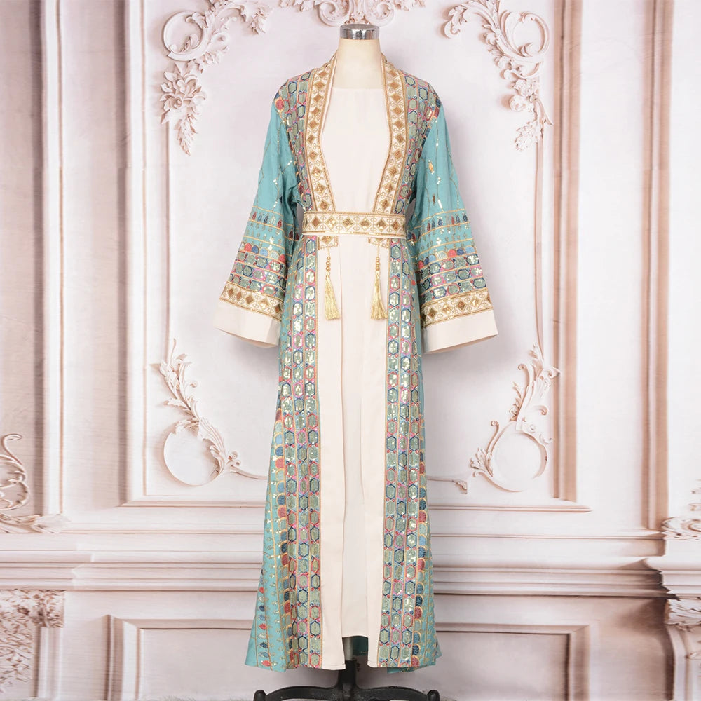 2025 Dubai Luxury Sequin Embroidered Dress  Women Open Abayas Maxi Dress Robe Set