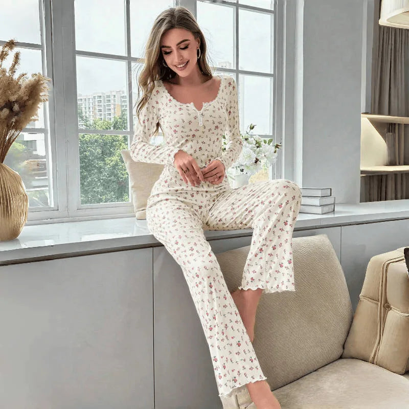 Spring Women's Sleepwear Fashion Floral Print Pajamas Set Tops Trousers Comfortable Casual Loungewear Female Nightwear