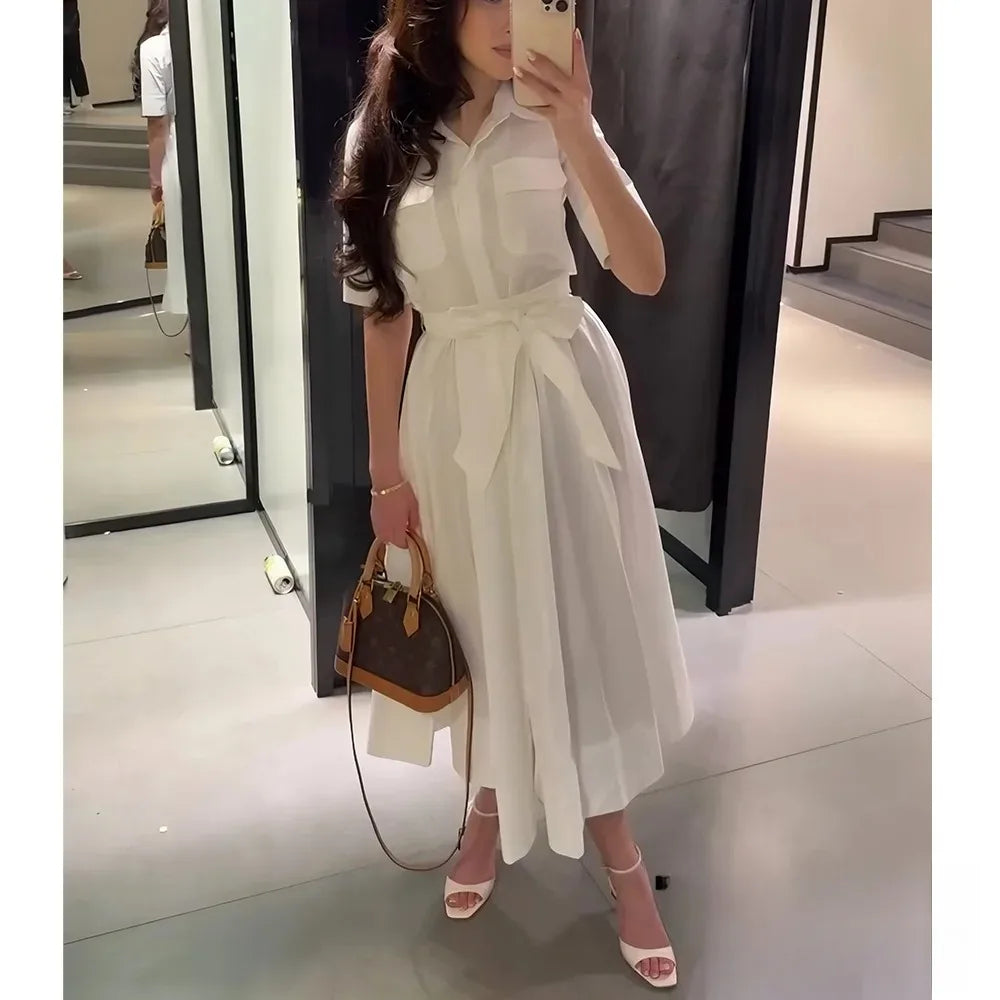 KONDALA Casual Chic Red Women Sashes Long Dress Women Pockets Short Sleeve Summer Dress Fashion 2025