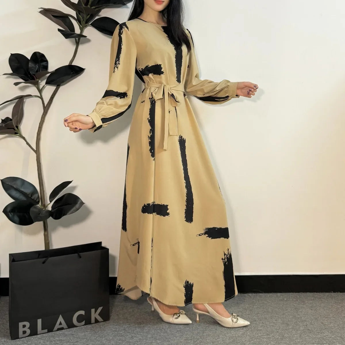Abayas Fashion Female O-neck Full Sleeve A-line Casual Long Ramadan Maxi Dresses With Belt