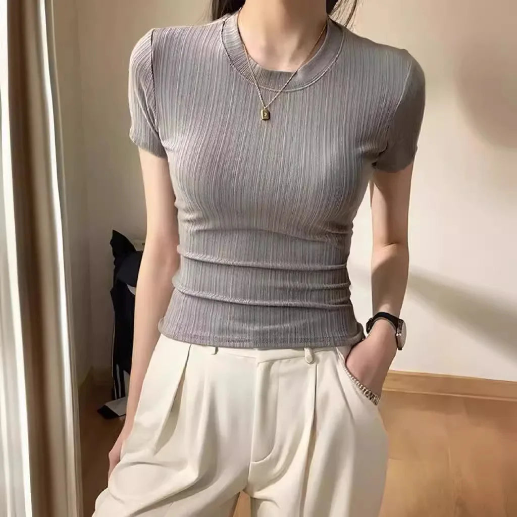 Summer Womens Y2k Harajuku T-shirt Casual Short Sleeve Tops Korean Fashion Knitted Clothes for Women White Black T-shirts 2025
