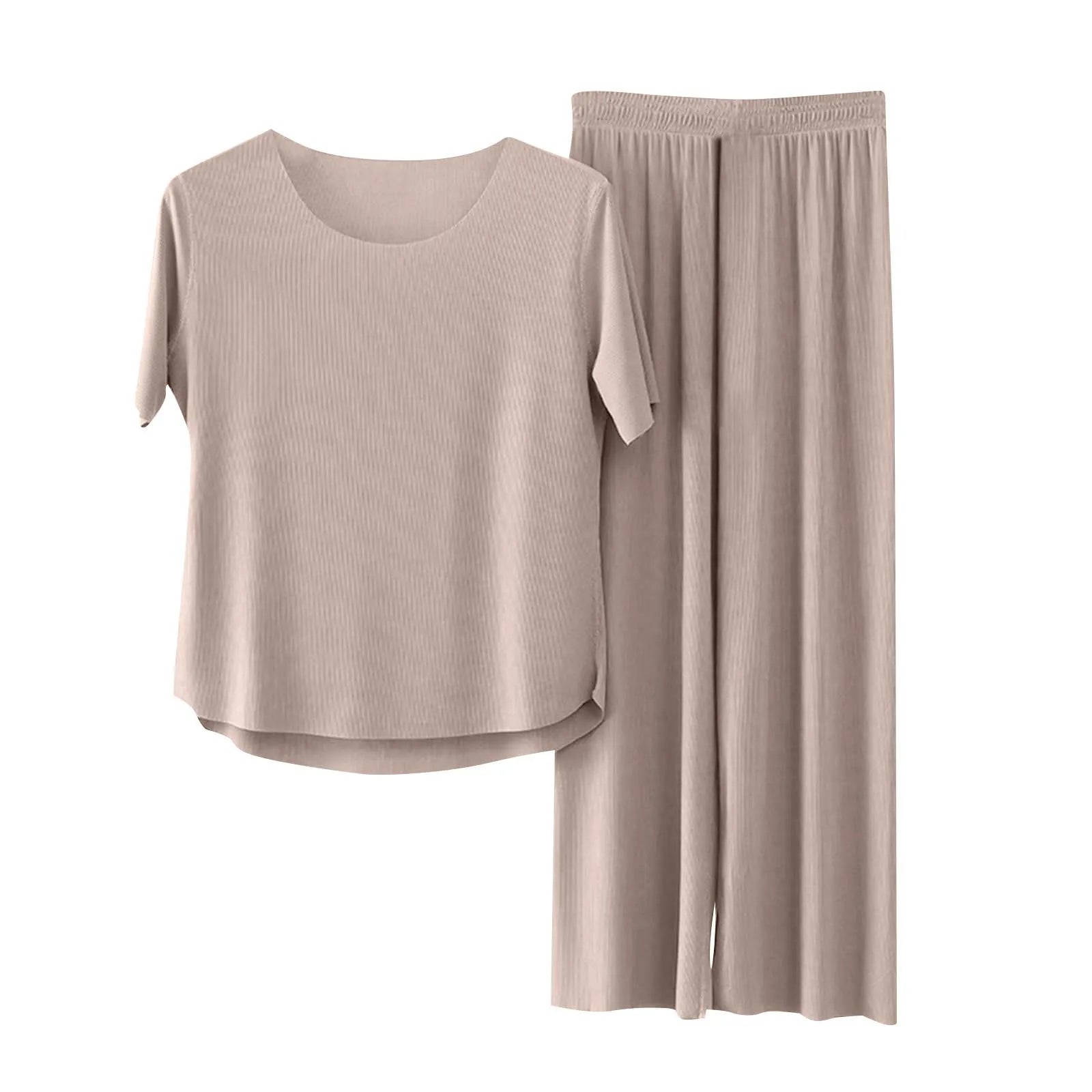 Women Casual Solid Color Sleepwear Set  Non-Marking Loose Short Sleeved Top Cropped Pants Homewear Ice Silk Pajamas Suit