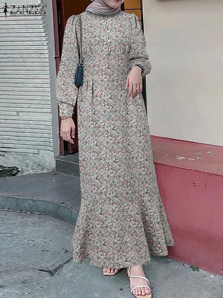 Women Bohemian Floral Printed  Dress Autumn Sundress ZANZEA Fashion Long Sleeve Casual Abaya