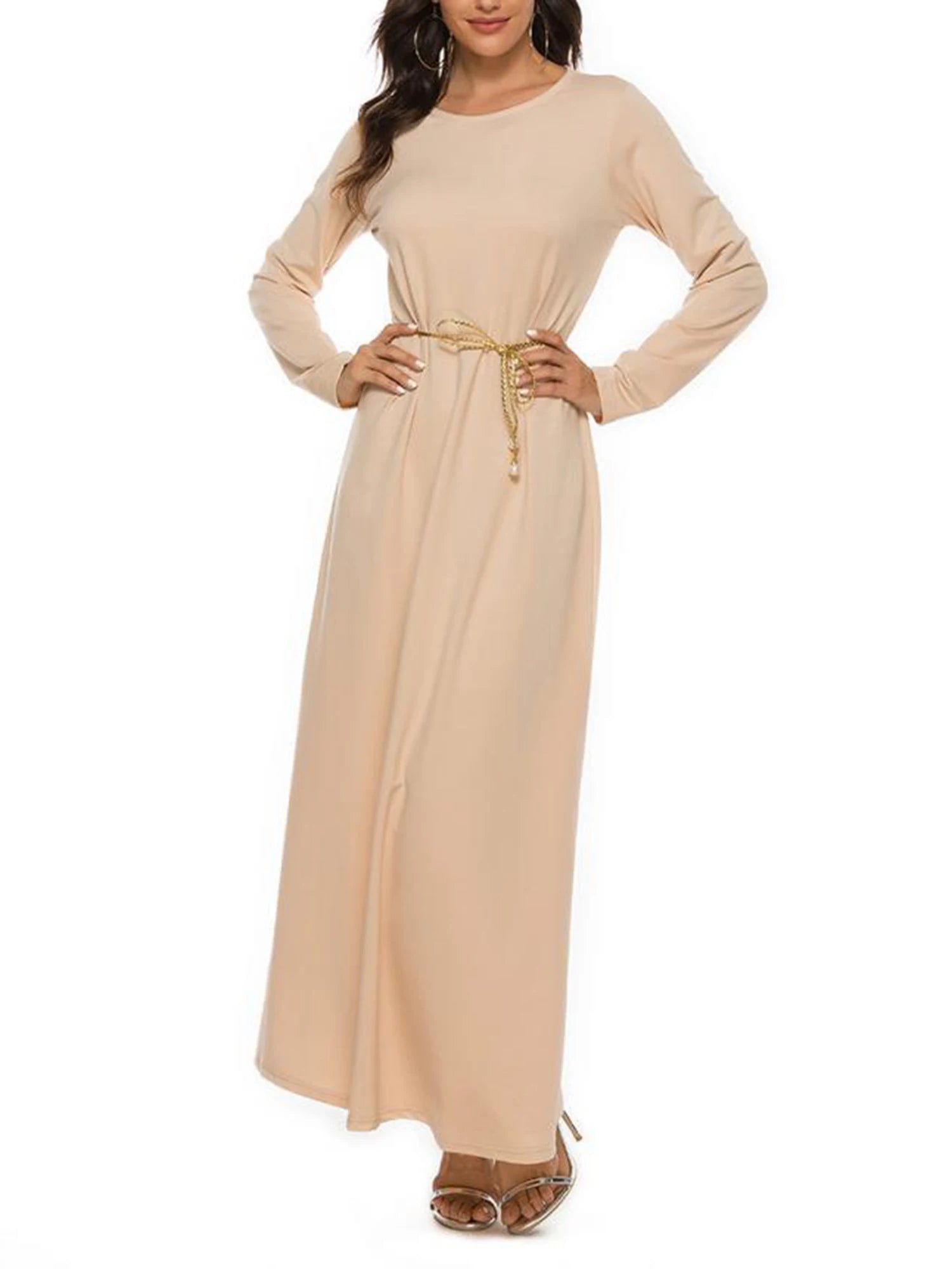 Women Solid Color  Arabian Dress Round Neck Sleeve  Long Robes Loose Basic Dress for Casual Wear