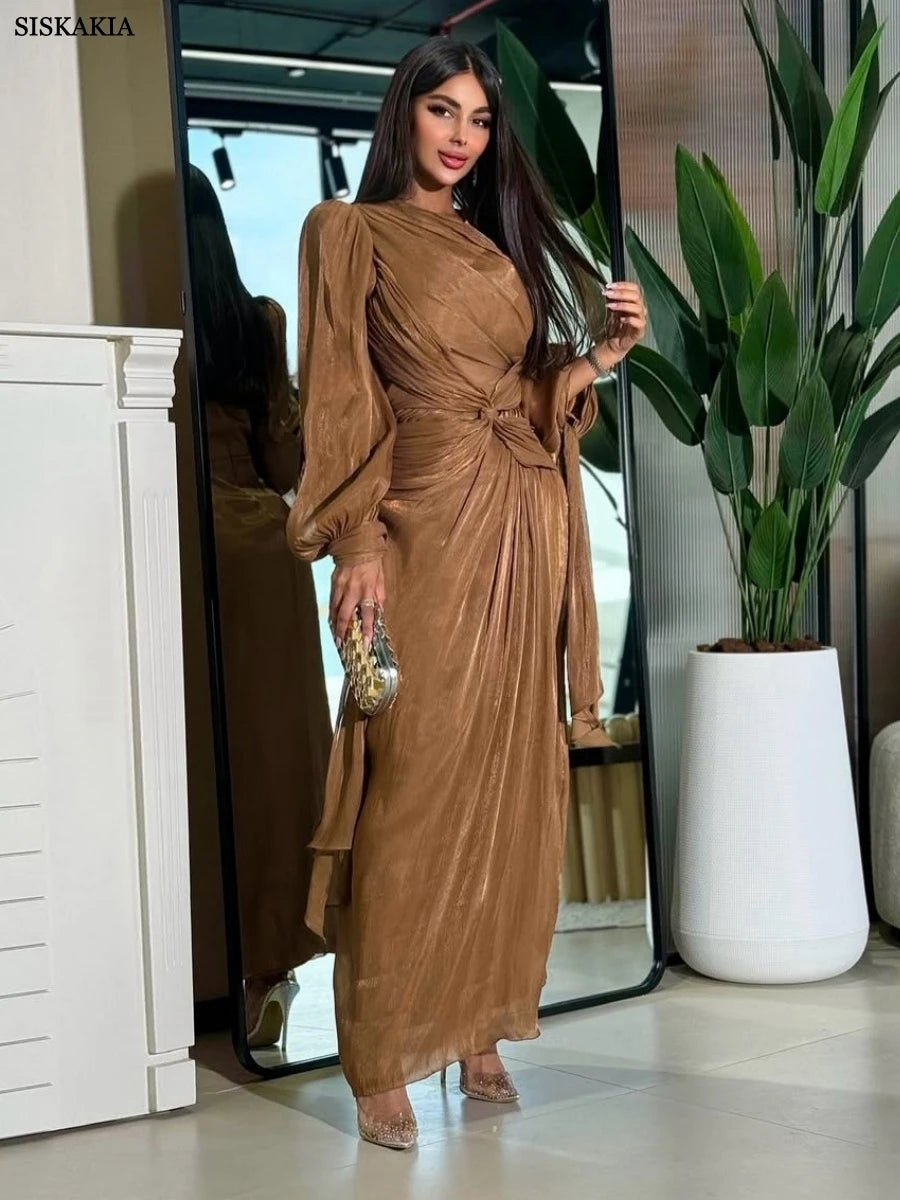 Siskakia  Stylish Arab Tunics Maxi Dress New Dubai Puff Sleeve Abaya Ribbon Kaftan 2025
