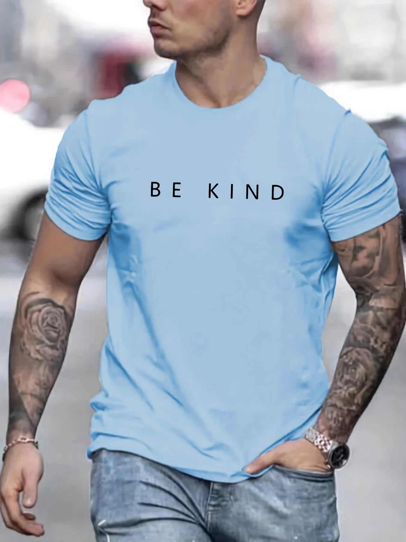 Men's Summer Loose Fit  100 Cotton be Kind Print T-shirt Tops O-neck Pactwork