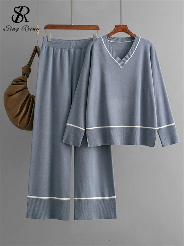 SINGREINY Homewear Knitting Sets Women V-Neck Split Basic Loose Tops+High Waist Wide Legs Pants Casual Autumn Winter 2PC Suits