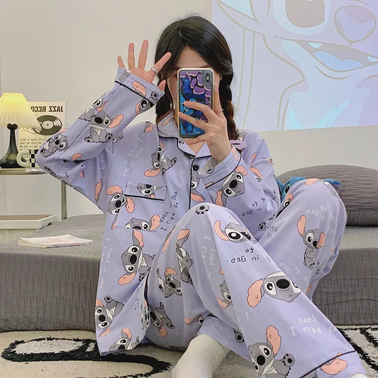 Versatile Casual Cartoon Stitch Sleepwear Women's  Long Sleeved Two-piece Set Pijamas