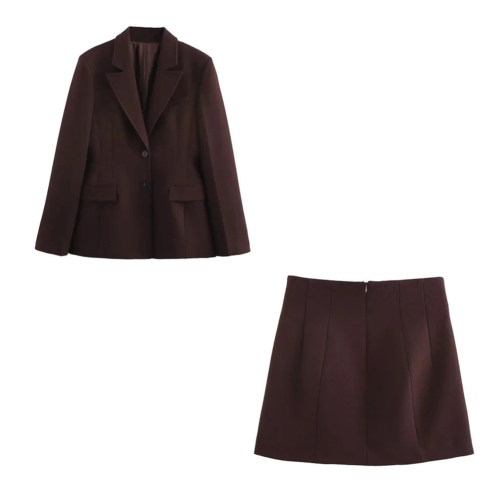KONDALA 2025 Fall Winter Brown Elegant Office Lady Suits Fashion Shrug Pockets Blazers Elegant Zipper Skirts Chic Baggy Pants