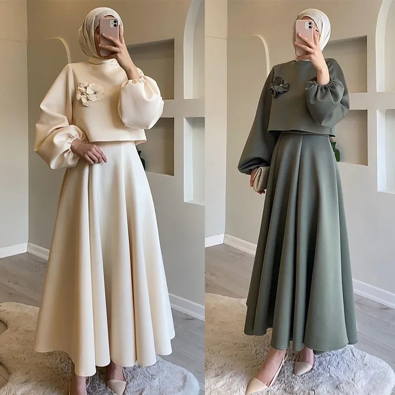 Eid Dubai Fashion Set 2 Piece Women Lantern Sleeve Top Shirt & Skirts Suits Appliques Sets